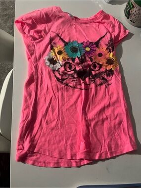 Justice Hot Pink Tee with Floral Cat Graphic